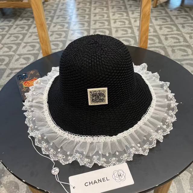 香奈儿Chanel珍珠蕾丝草帽女大帽檐夏季防紫外线海边度假沙滩太阳帽防晒遮阳帽