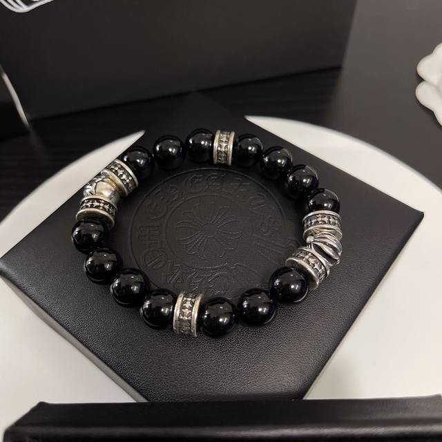 现货 克罗心 10Mm黑曜石手串 银珠手链 Chrome Hearts 银珠