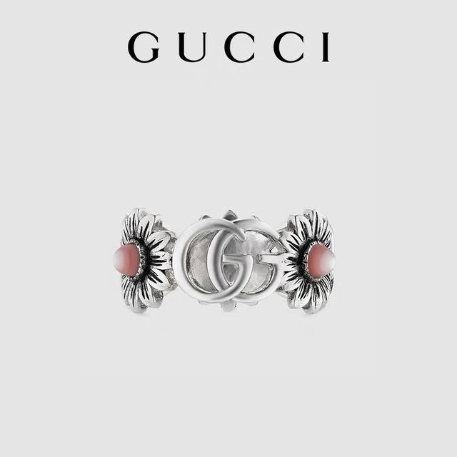 Gucci 纯银Gg复古做旧粉色小雏菊戒指 古驰戒指 高版本 S925纯银材质 原版Logo 码数 6-11