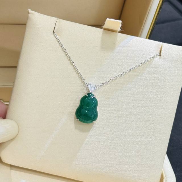 a3991 高端定制 祖母绿 葫芦玉髓 项链 葫芦玉石镶嵌吊通体S925打造 高端大气 送礼最佳 纯银项链 天然玉髓无质量问题不退不换