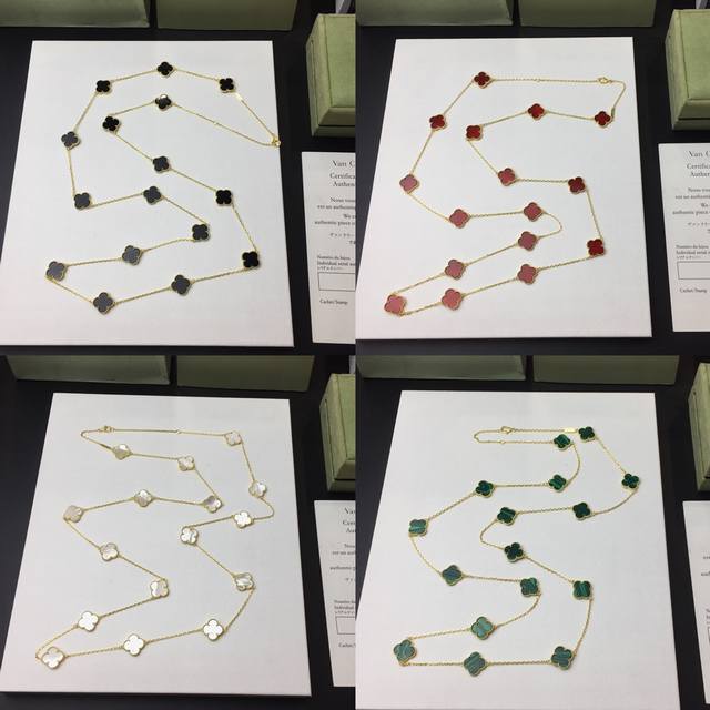 Vca四叶草十六花宝石毛衣链真实细节呈现 樊克雅宝 Vca 四叶草玛瑙 贝壳 孔雀石系列出货 亚金定制电镀18K金工艺 不必多言 市面上最高级别 无缝镶嵌链长1