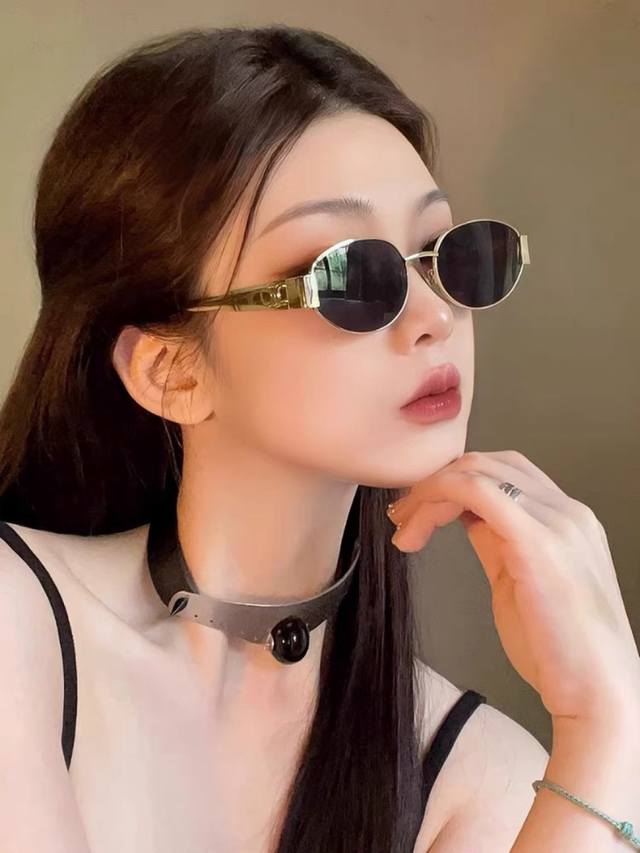 Celin*新款时尚椭圆小框太阳镜 男女百搭金属潮流墨镜 户外街拍防晒遮阳