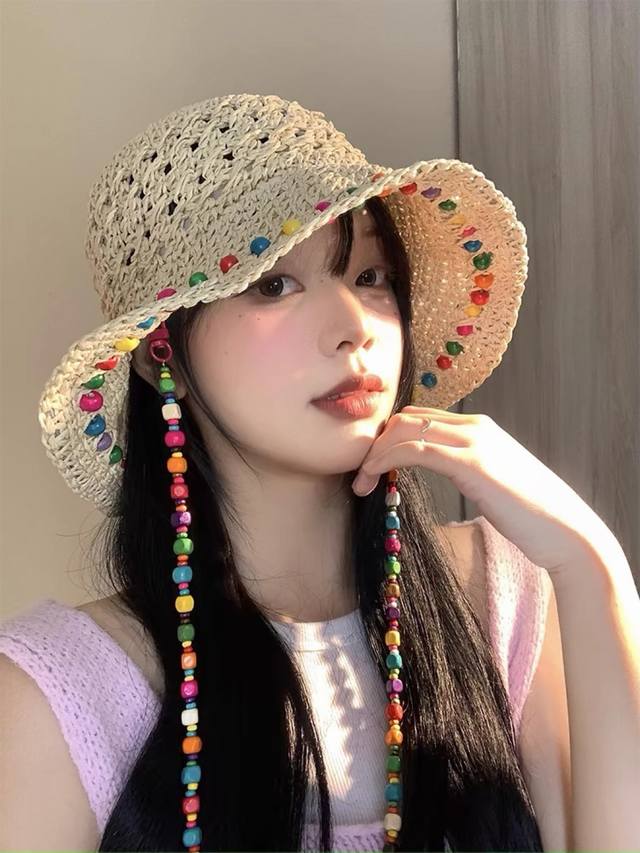 路易威易Lv 泫雅风彩色木珠草帽女夏季镂空大帽檐遮阳防 晒帽可折叠渔夫帽子潮