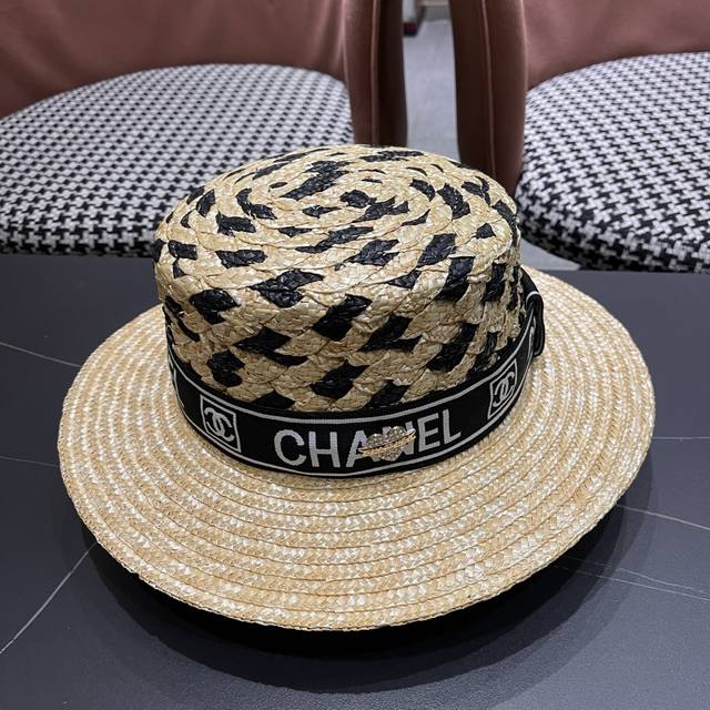 Chanel香奈儿平顶礼帽 拉菲草帽 超重工定制 头围57Cm