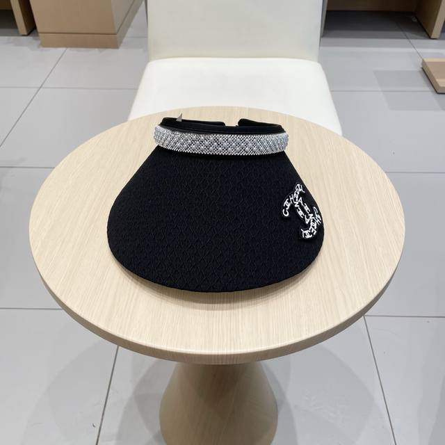 Chanel2025新款夏季防晒空顶帽女珍珠水钻帽子双层大帽檐防紫外线太阳帽