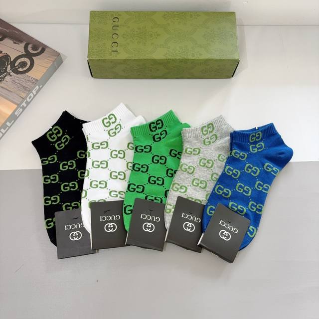 配包装 一盒5双 Gucci 古奇 Ins风短款袜子纯棉面料 潮人必备 经典G家袜子 个性时尚百搭款 你值得拥有哦