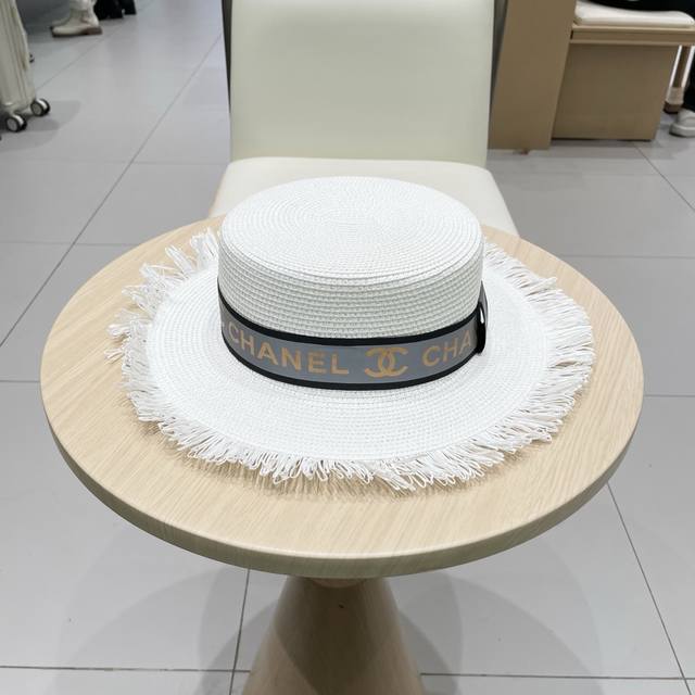 Chanel香奈儿平顶礼帽 草帽 麻纱配饰 高端订制 头围57Cm