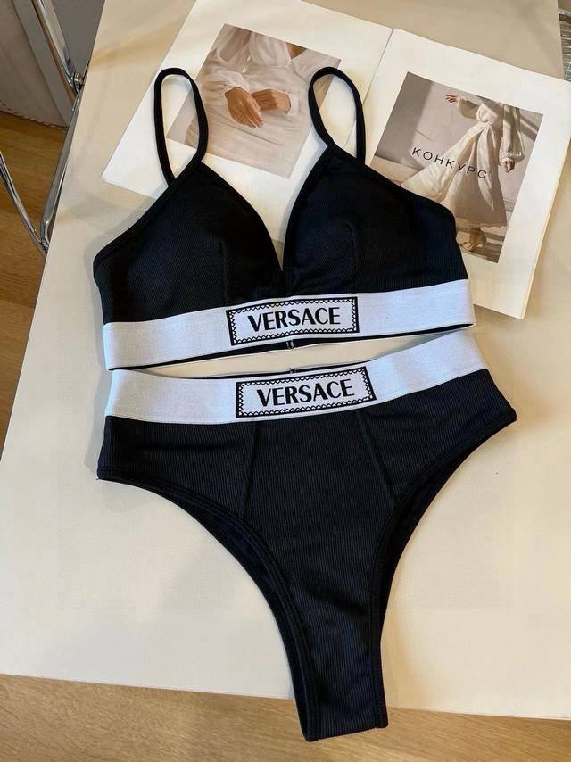 versac*范思哲新款织带比基尼分体泳衣套装 黑色白色