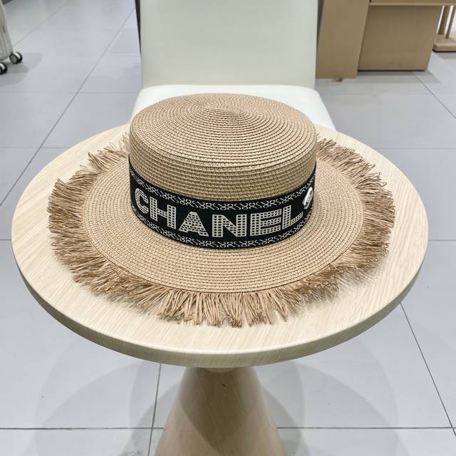 Chanel香奈儿草帽 流苏平顶名媛风pp草帽 头围57Cm
