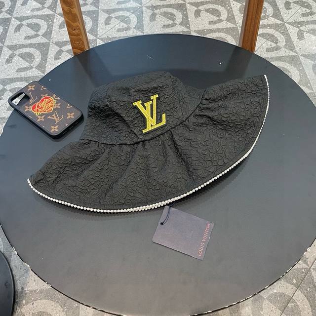 路易威登Lv时尚网红珍珠蕾丝渔夫帽小香风女夏季大檐防晒帽防紫外线盆帽遮阳