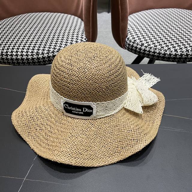 迪奥Dior边出游度假夏天遮阳防晒大檐草帽蝴蝶结太阳帽手 编帽子
