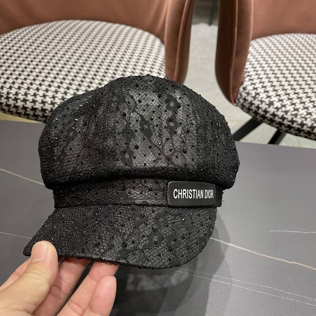 迪奥Dior 韩版重工水钻蕾丝八角帽子女春夏时尚百搭画家帽 显脸小黑色鸭舌帽