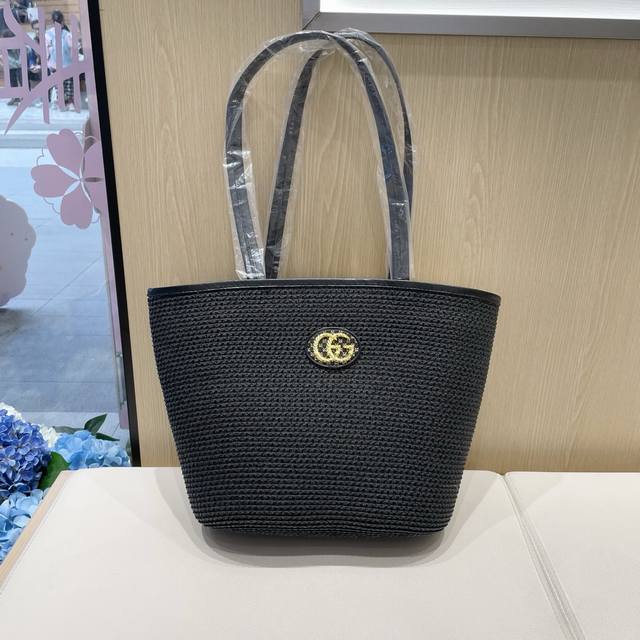 Gucci古奇夏天海边度假草编包女包编织包2025新款条纹通勤单肩托特包大容量