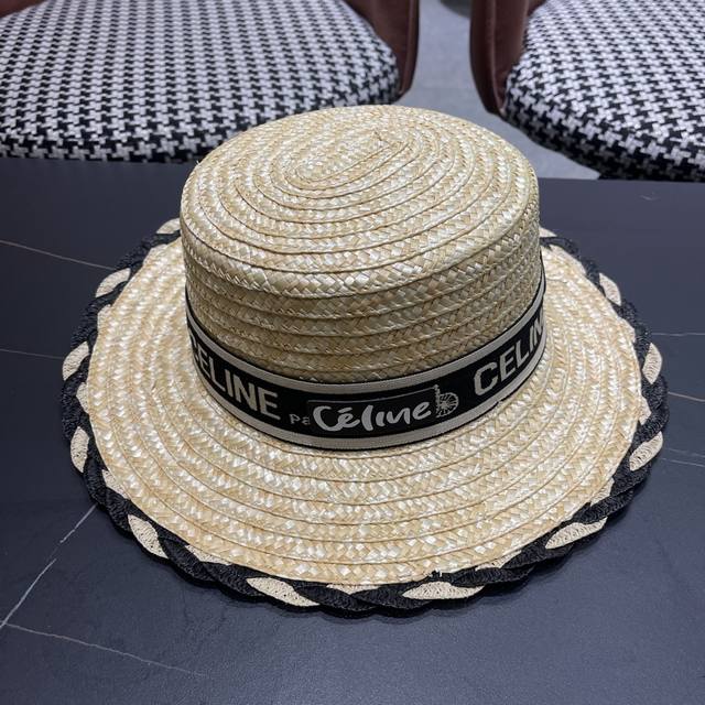 赛琳 Celine夏季新款网红平檐女麦秆草帽英伦时尚平顶礼 帽海边遮阳防晒太阳帽
