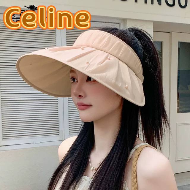Celine塞琳新款夏季防晒遮阳紫外线空顶帽百搭小香风珍珠帽女褶皱大檐太阳帽