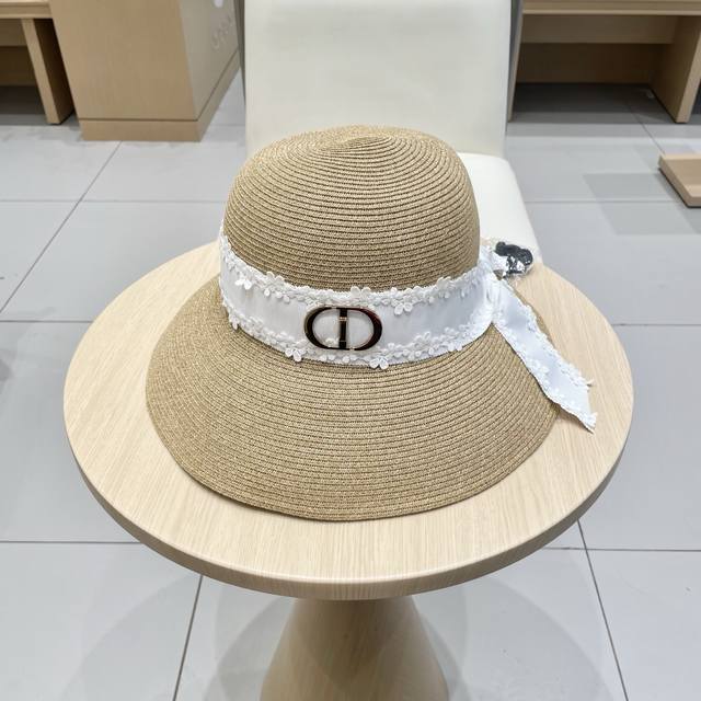 Dior迪奥遮阳帽女防晒防紫外线海边防风绳太阳帽赫尔本渔夫帽夏大帽檐草帽