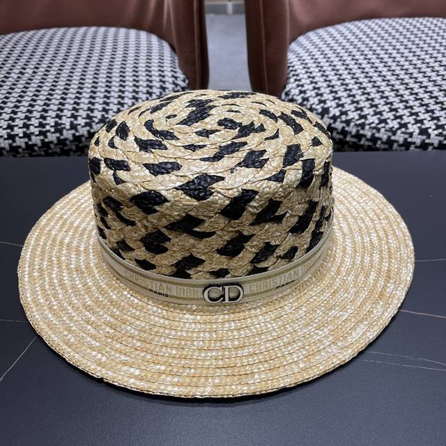 Dior迪奥夏季新款拉菲草帽 高级定制纯手工钩织 出游携带方便 头围57Cm