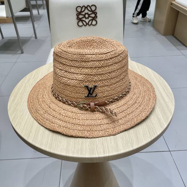 Lv路易威登草帽草帽草帽草帽草帽2025年新款法式简约平顶丝带草帽小礼帽