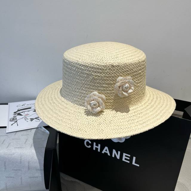 chanel香奈儿平顶礼帽 遮阳草帽 头围57Cm