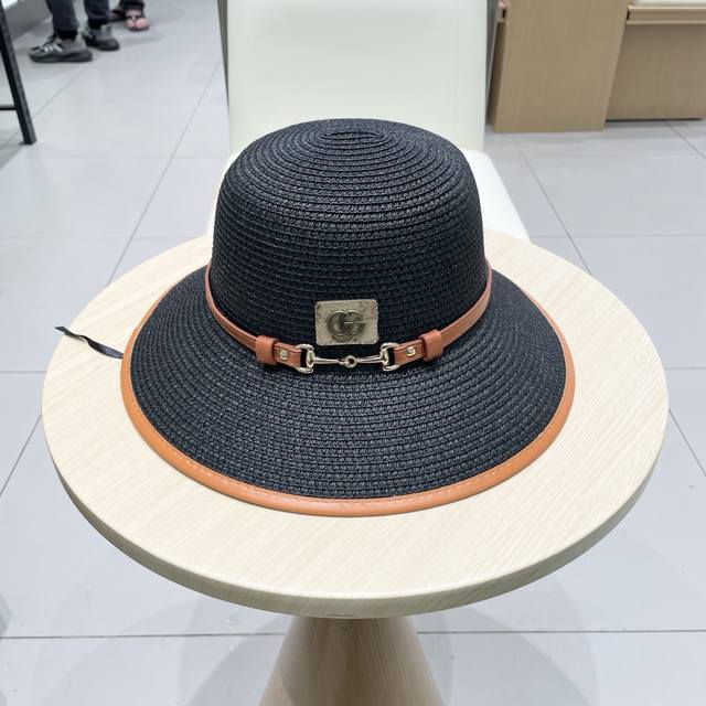 Gucci古奇新款圆顶帽 遮阳草帽 防紫外线帽檐 头围57Cm