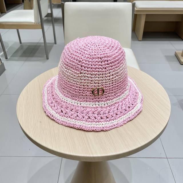 Dior迪奥草编渔夫帽女春季海边度假大帽檐甜美防晒草帽遮阳帽