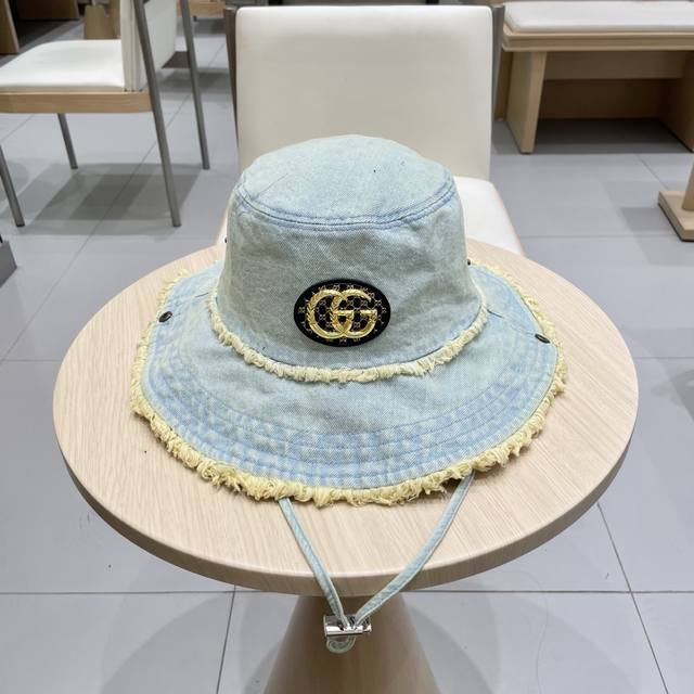 Gucci古奇复古水洗毛边牛仔渔夫帽女2025春季新款大檐显脸小做旧百搭水桶帽