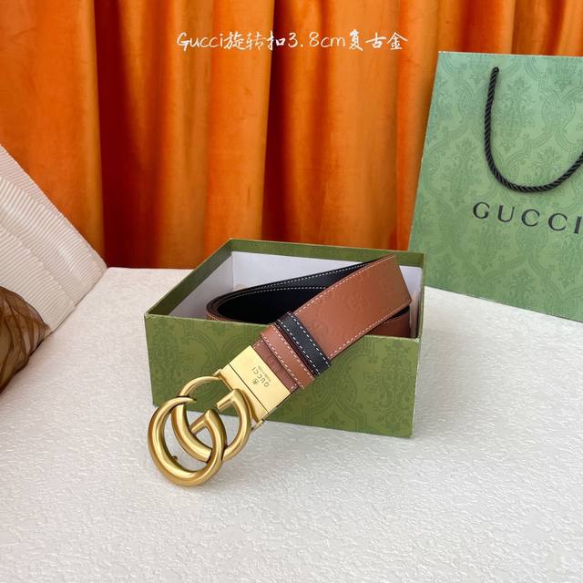 gucci新款压花腰带 一面经典压花一面进口平纹 搭配专柜精品旋转扣 两面可用 宽3.8Cm