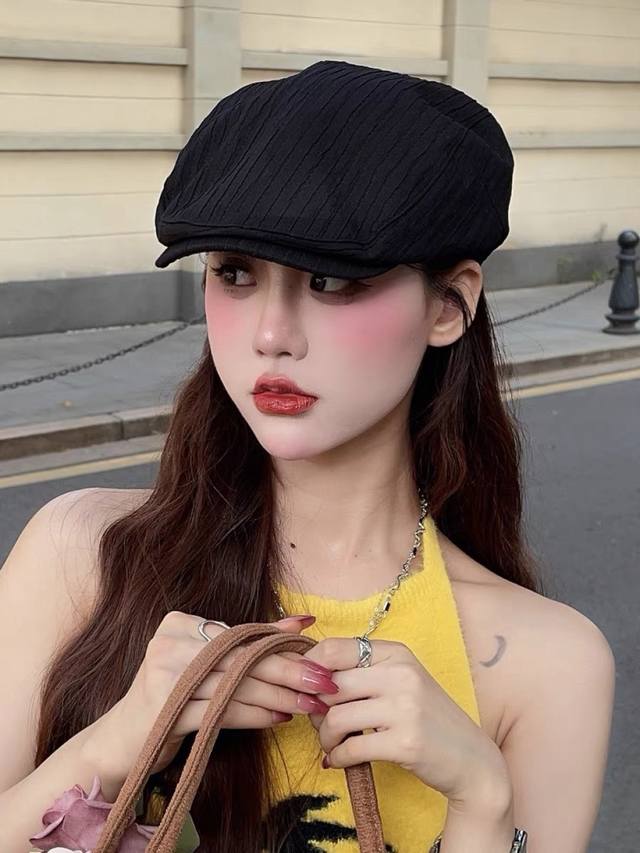 蒙口 简约风前进帽子女2025春款复古百搭贝雷帽韩 版时尚画家帽显脸小潮