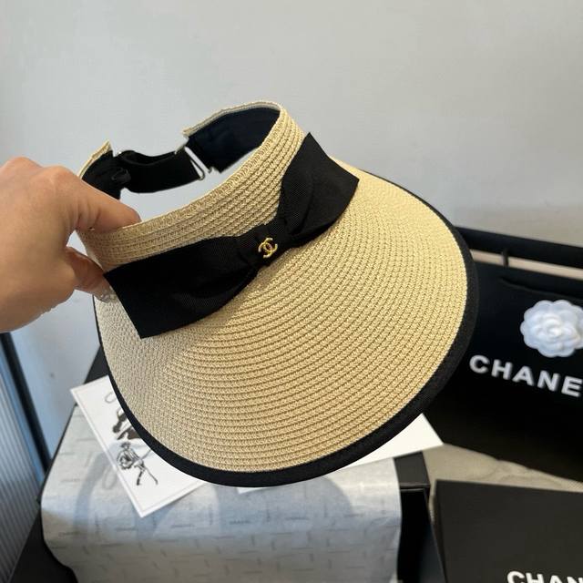 Chanel香奈儿蝴蝶结遮阳帽，空顶草帽，可调节