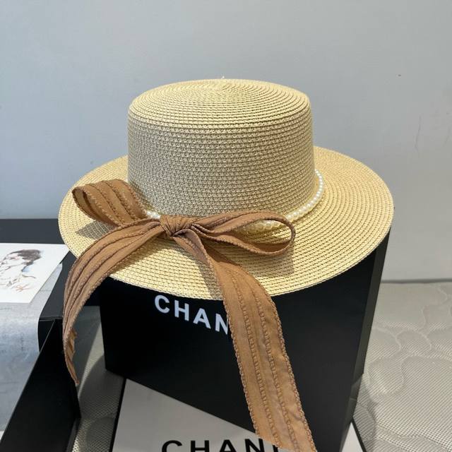 Chanel香奈儿平顶礼帽，蝴蝶结遮阳草帽，头围57Cm