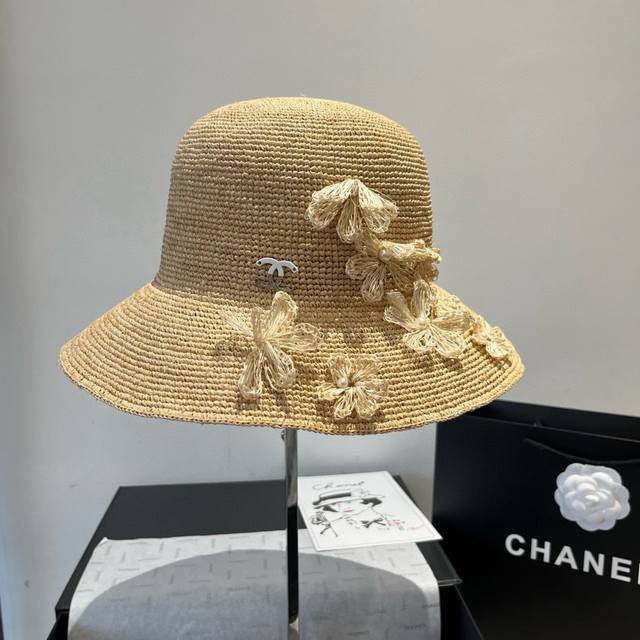 Chanel香奈儿新款拉菲草帽，纯手工钩织，灯笼草帽，超级重工 头围57Cm