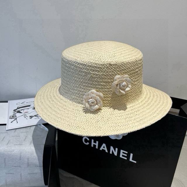 Chanel香奈儿平顶礼帽，遮阳草帽，头围57Cm