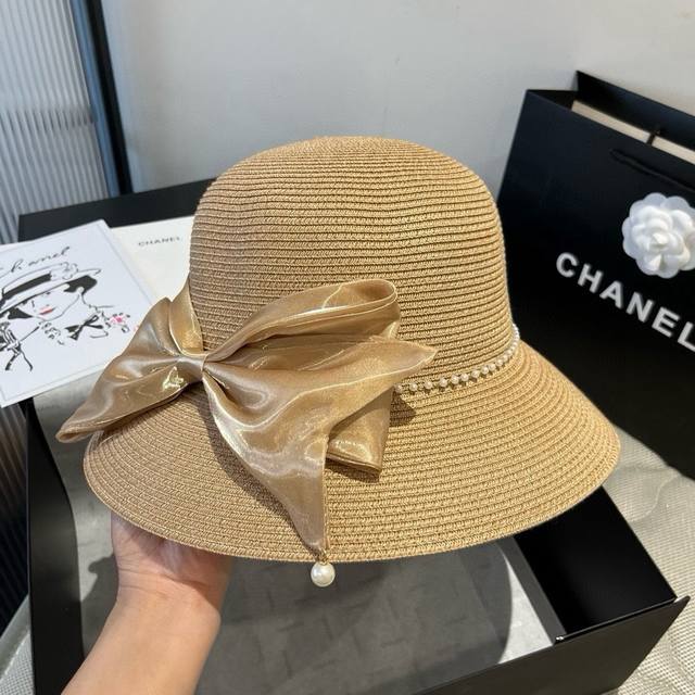 Chanel香奈儿草帽，蝴蝶结盆帽，名媛风Pp草帽，头围57Cm