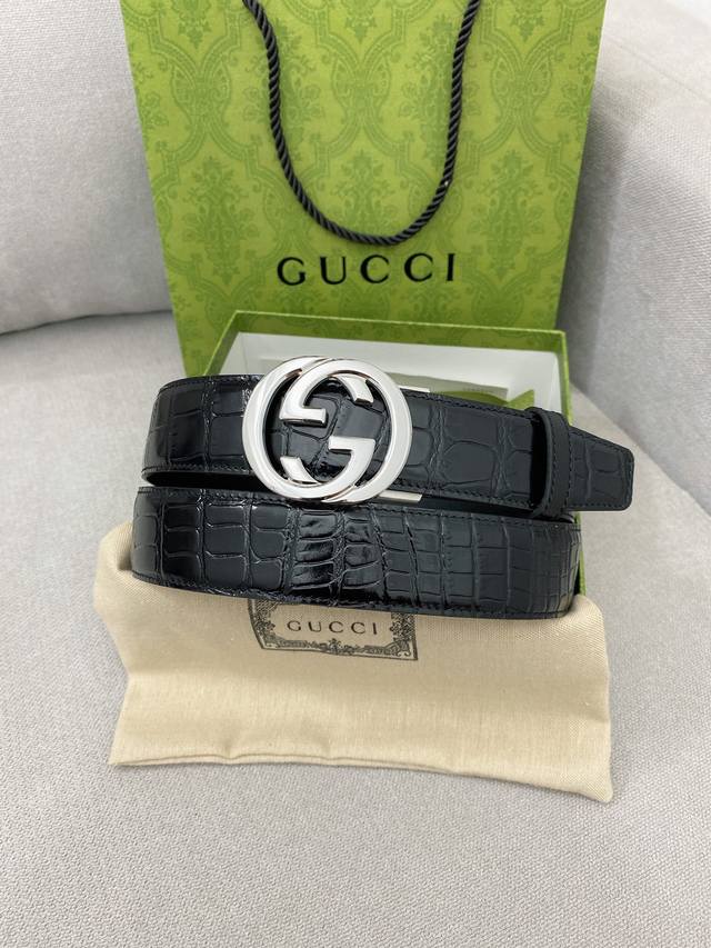 Gu、Cci 高端定制男士自动滑扣皮带，顶级牛皮鳄鱼纹，精品钢扣不褪色，穿戴方便，长度可自由剪裁，宽度3.5Cm