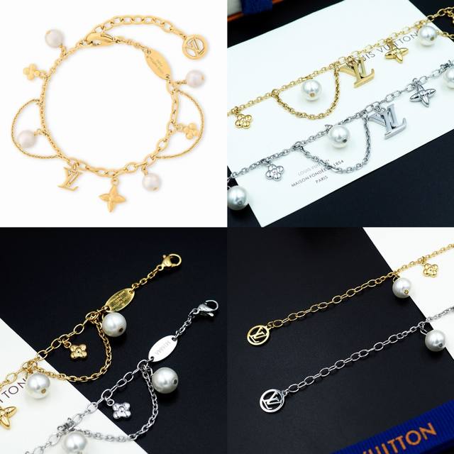 驴家新款Blooming 批Earls 手链以摩登笔触重绎品牌经典标识，于耀目链条排布Monogram 花卉、Lv字母及莹润树脂珠饰。 银色手链