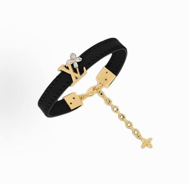 Louis Vuitton 花朵设计 皮革 金属 手链 女款 黑色M8780Z