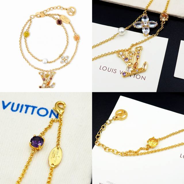 驴家Ladylv双层手链以柔美笔触呈现品牌经典标识，为双金属链条点缀镶嵌璀璨仿水晶的Lv字母和Monogram 花卉。Lv Circle 标识及仿水晶装饰再添雅
