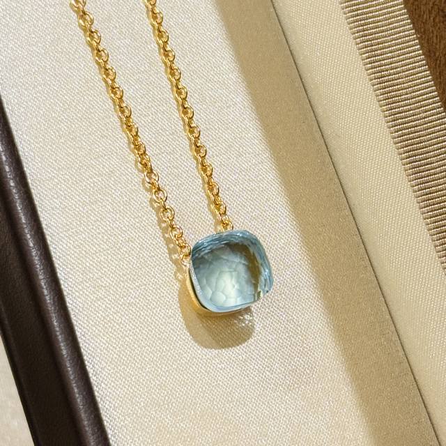 A2439 宝曼兰朵 高级 海洋蓝 天空蓝 方形伦敦蓝托帕石 项链高级感仿真钻海蓝宝 人工精细切割 高档货做工 S925纯银镶嵌托帕石 电镀厚金 玫瑰金 纯银项