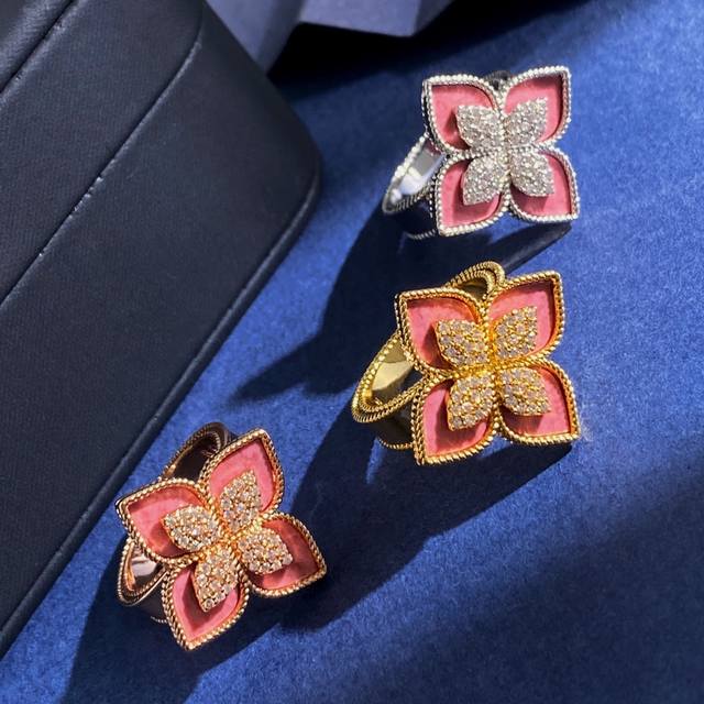 Rc80 Roberto Coin珂瑛 镶钻四瓣花 贝母粉玉髓四叶花戒指 黄铜材料电镀18K黄金白金玫瑰金 Roberto Coin意大利珠宝商 罗伯特.科恩