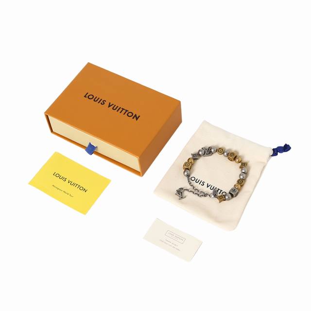 Louis Vuitton 王鹤棣同款-方形珠子+圆珠徽标设计-复古做旧风格-金属黄铜-手链-男款银色
