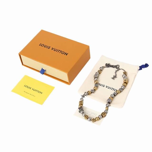 Louis Vuitton 王鹤棣同款-方形珠子+圆珠徽标设计-复古做旧风格-金属黄铜-项链-男款银色