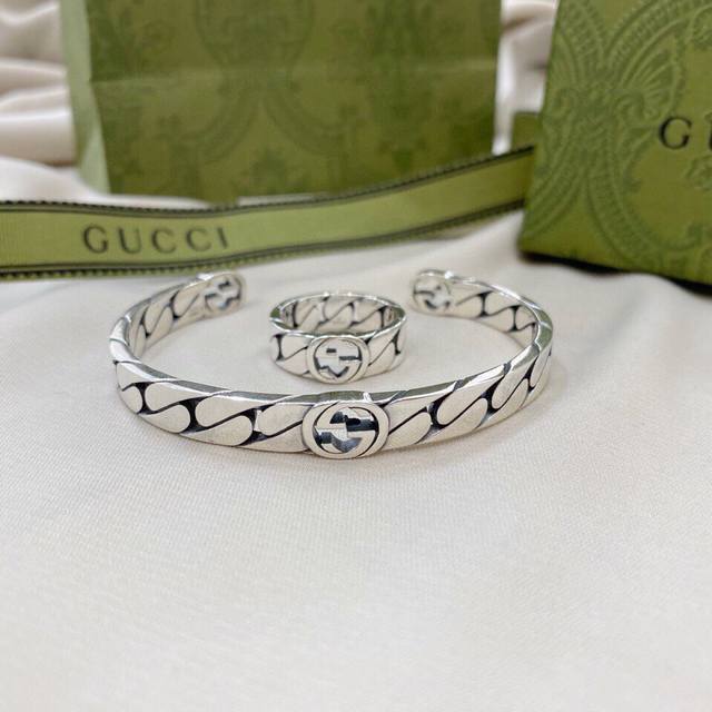 手铤 戒指50 Gucci古驰新款925纯银互扣式双宽版手镯戒指 尺寸：12# 14# 18# 20# 22# 24#