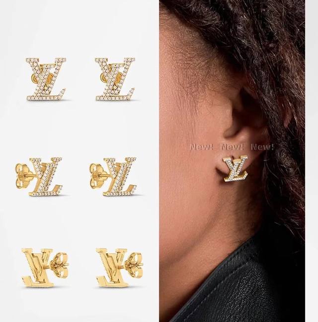 Lv 新款 Lady Lv满钻字母小链条方钻耳钉 金色满钻字母十小方钻短链条的搭配时髦贵气的同时又极具辨识度Cool 妥妥的富家女氛围感