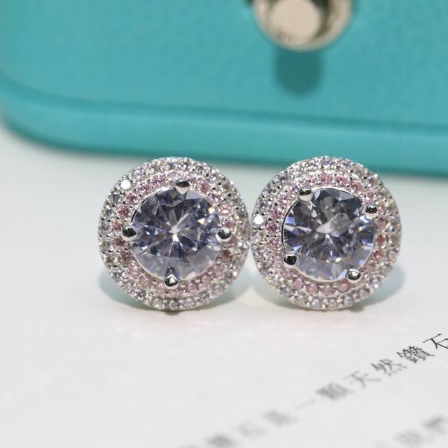 蒂芙尼Tiffany 粉白双色钻耳钉 高碳钻 高版本 蒂芙尼耳钉 S925纯银材质