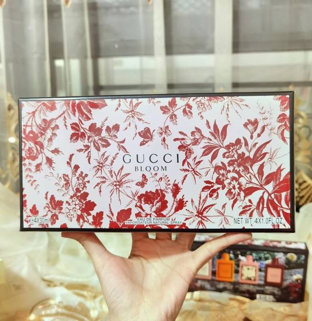 专柜品质 古奇繁花香水4件套4*30Ml古奇繁花香水30Ml*4。古驰Gucci香水4×30Ml内含：大红繁花，粉色繁花，黄色繁花，黑繁花