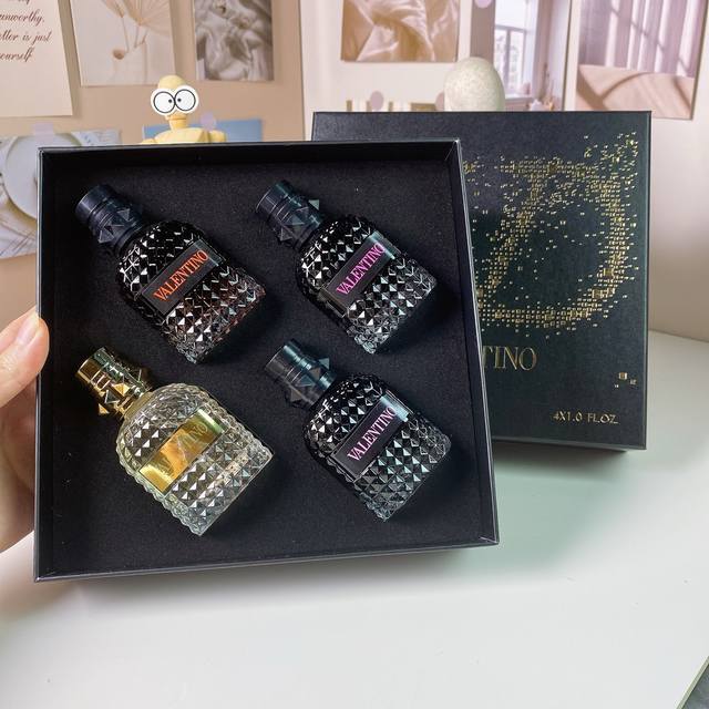 高端品质 华伦天奴男士黑盒四件套30Ml*4 个，带喷头，不羁先生香精版，挥金先生， 机车骑士，坠梦罗马