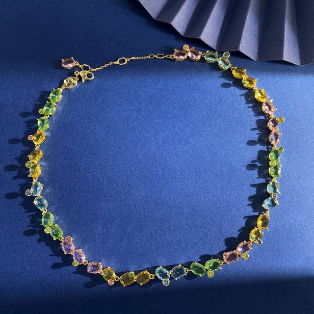 施华洛世奇Swarovski Gema系列甜美时尚多巴胺春夏新款椭圆形彩钻小圆钻项链 黄铜材料 金色 重约27.86G 项链约长39Cm+3Cm+2.5Cm+1