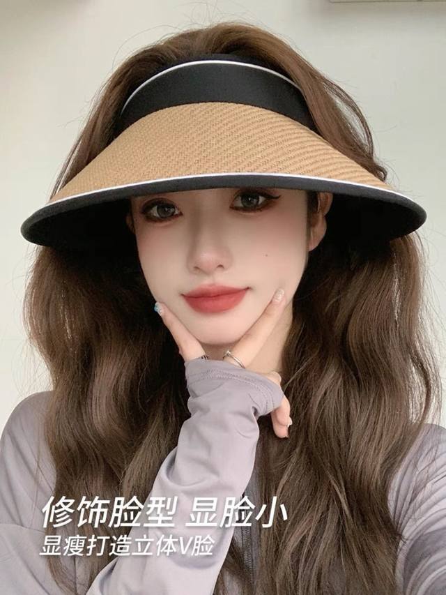 蒙口Moncler显脸小遮阳帽子女夏季2025新款防晒帽防紫外线大帽檐沙滩空顶草帽 极速