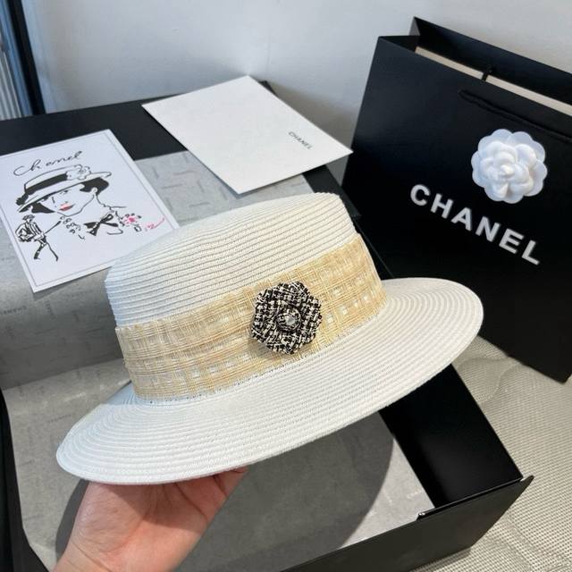 Chanel香奈儿平顶礼帽，Pp草帽，头围57Cm