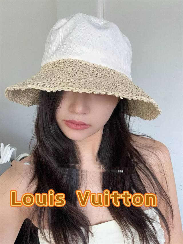 路易威登棒球帽 Louisvuitton镂空草编渔夫帽女2025年春新款大帽檐遮阳帽子显脸小海边度假盆帽